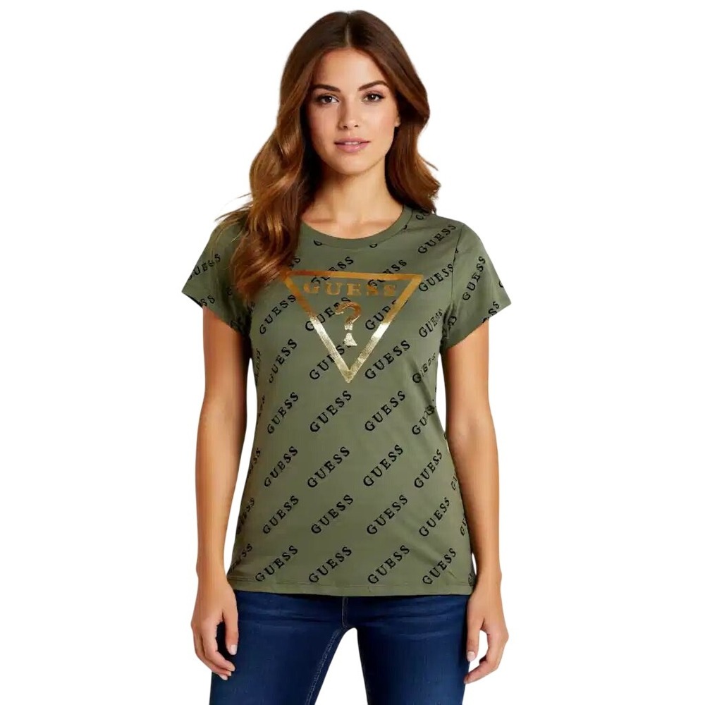 Guess Womens Olive Green All Over Logo Print Sequin Triangle Logo T-Shirt Md NWt